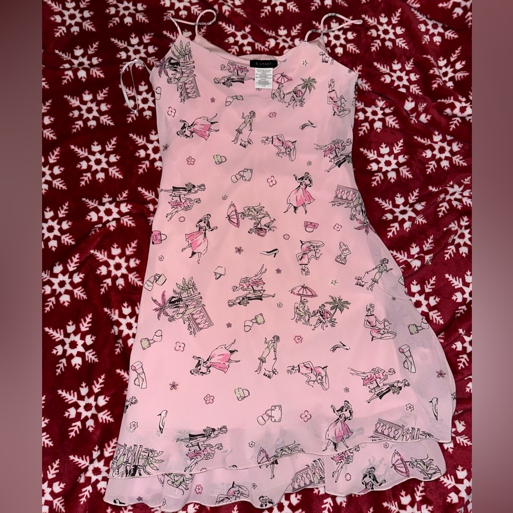90s Y2K Vintage Midi Dress B. Smart Pink Shopping Pattern Novelty Print